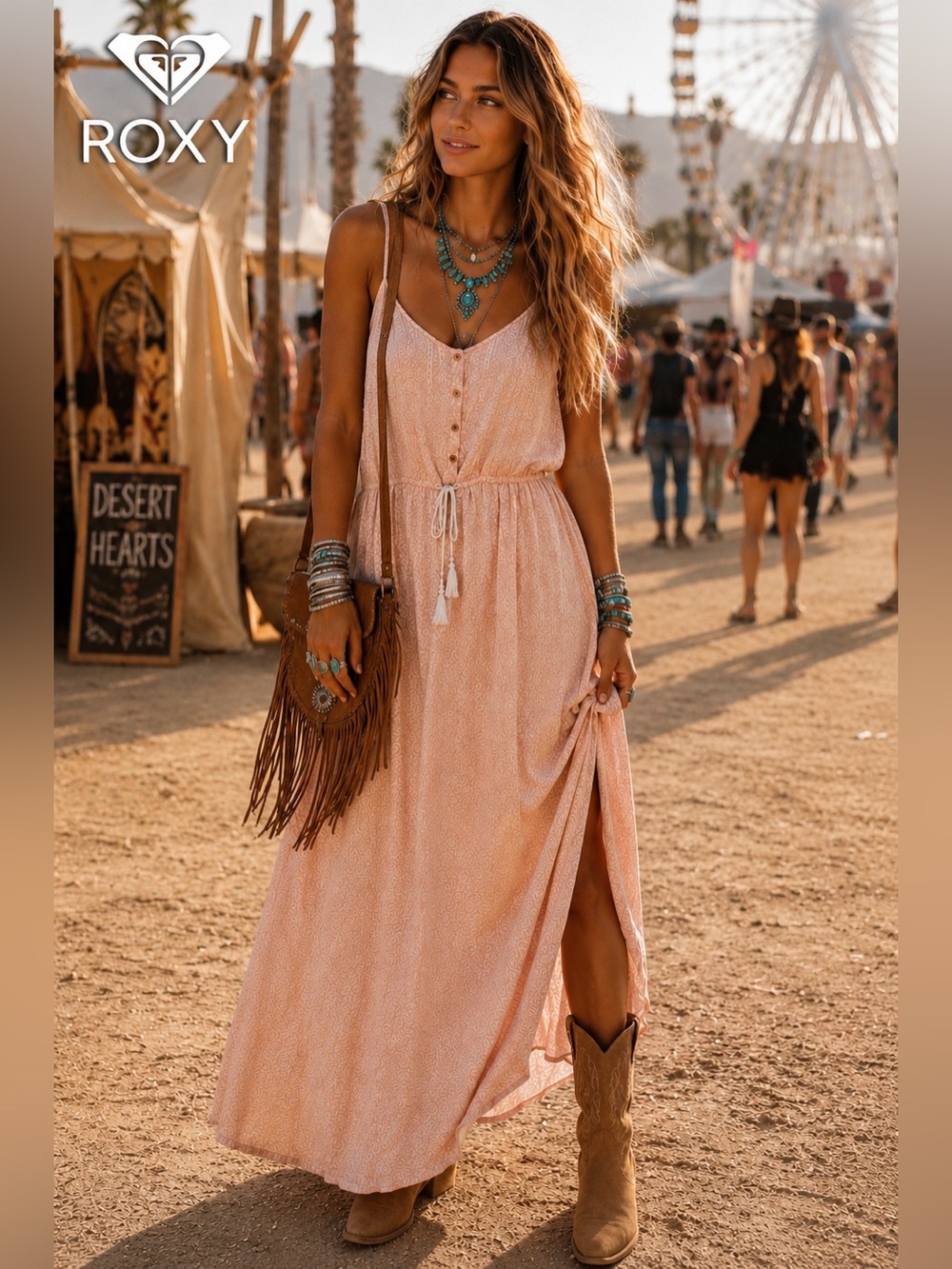 Roxy Blush Pink Maxi Dress Womens L Spaghetti Strap Resort Festival Boho Beach